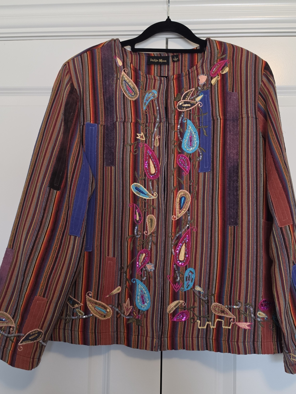 INDIGO MOON 100% SILK PAISLEY APPLIQUÉ JACKET ART TO WEAR STRIPED BEADED L